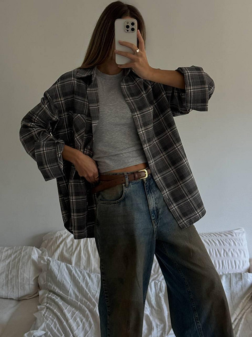 Жіноча трендова сорочка оверсайз у клітинку фланель Сірий Одеса - фото 8