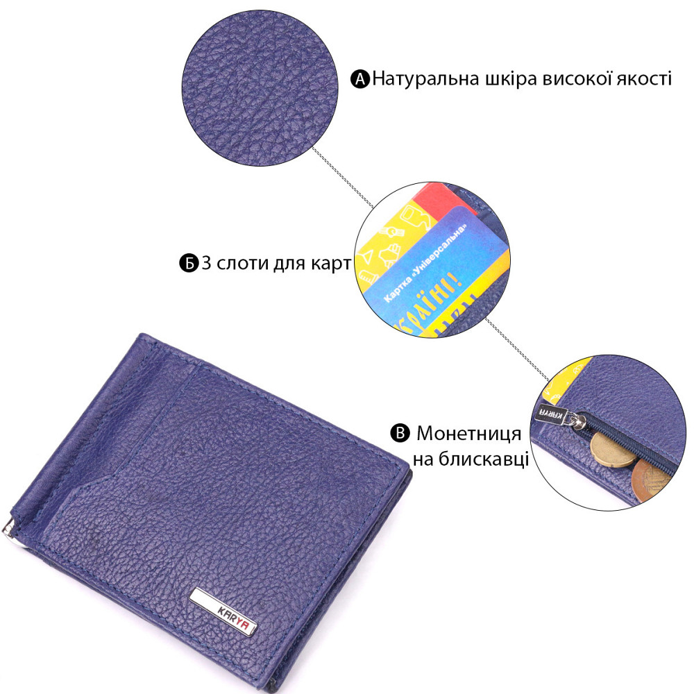 Практичный мужской зажим из натуральной кожи KARYA 21416 Синий Киев - изображение 4