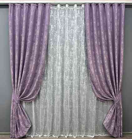 Комплект штор VR-Textil Жакард Мармур 150х270 2шт і Тюль 500х270 1764ш-1400т Бузковий з білим 71-020/4 Київ