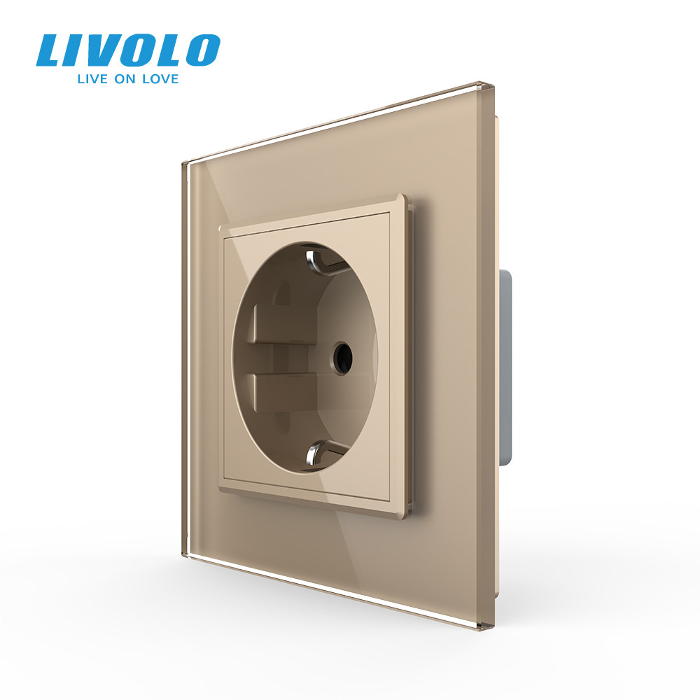 Електрична розетка з заземленням LIVOLO, золота, скляна рамка, шторки, 250В 16А (VL-C7C1EU-13) Коломыя - изображение 1