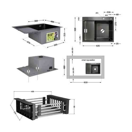 Комплект Lidz Handmade H6350BL Мойка для кухни интегрированная крыло слева BlackPVD в комплекте с дозатором + Киев