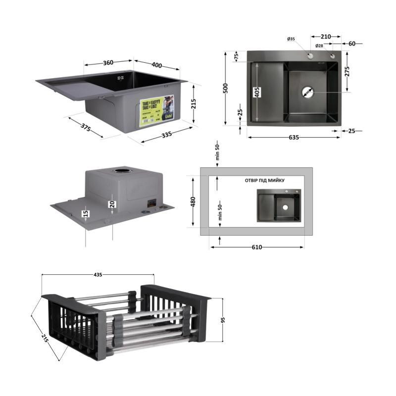 Комплект Lidz Handmade H6350BL Мойка для кухни интегрированная крыло слева BlackPVD в комплекте с дозатором + Киев - изображение 2