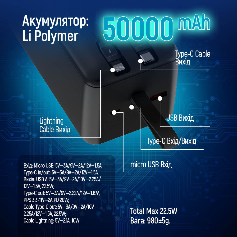 Універсальна мобільна батарея ColorWay Digital Display 50000 mAh Black (CW-PB500LPC5BK-PDD) Чорний Харьков - изображение 10