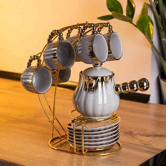 Кавовий сервіз на підставці з туркою 450 (мл) 6 чашок по 90 (мл) подарунковий набір чашок на підставці Сірий із золотом FM-JJ-4 Київ