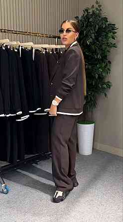 Женский стильный брючный костюм двойка: пиджак и штаны батал итальянский трикотаж Шоколадный, 60/62 Одесса