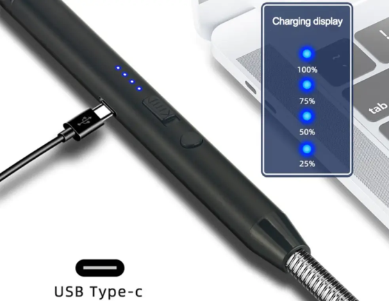 Электрическая плазменная зажигалка 2 шт. USB-C, длинная гибкая шейка 360°, индикатор заряда, ветрозащитная, черная Киев