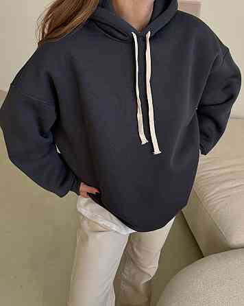 Жіноча стильна оверсайх худі турецька тринитка на флісі ПЕНЬЕ Графіт Одеса