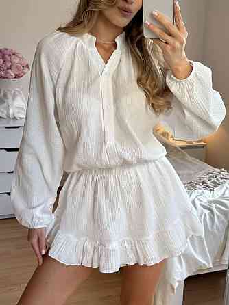 Женское летнее одноцветное платье-комбинезон с длинным рукавом натуральный муслин 46/48 Одесса