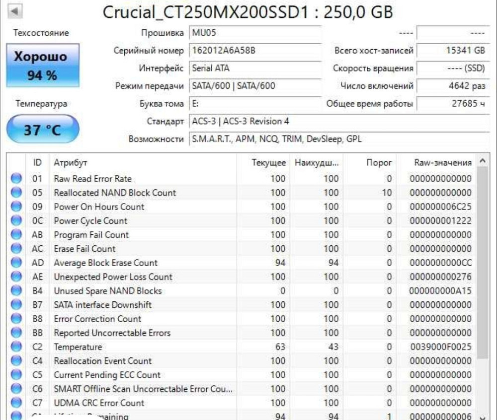 SSD-диск Crucial MX200 250 GB 2.5" SATAIII 3D TLC (станання диска 94%) Харків - фото 2