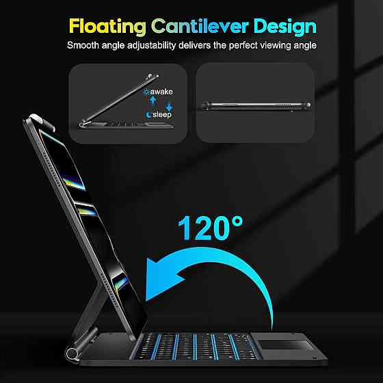 Клавіатура bluetooth для ipad pro 13 m4 2024 чохол з трекпадом підсвітка rgb usb c чорний uk layout кейс Киев