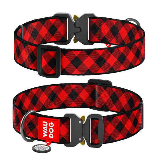Нашийник для собак нейлоновий WAUDOG Nylon з QR-паспортом, малюнок "Шотландка червона", металева Вінниця