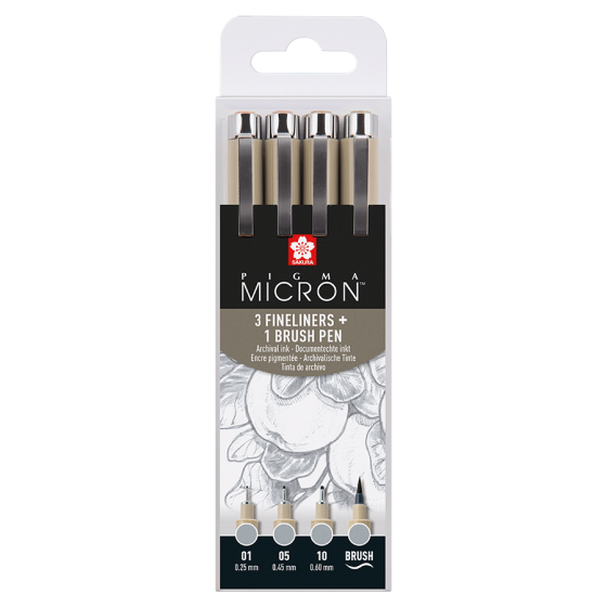 Набір лінерів PIGMA MICRON 4шт, (0.1/0.5/10/лінер-пензель Pigma Brush), Сірий, Світлий, Sakura Київ