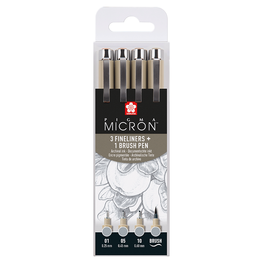 Набір лінерів PIGMA MICRON 4шт, (0.1/0.5/10/лінер-пензель Pigma Brush), Сірий, Світлий, Sakura Київ - фото 1