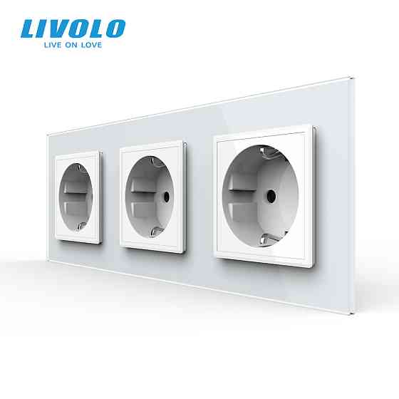 LIVOLO Потрійна електрична розетка з заземленням LIVOLO, біла, скляна рамка, шторки, 250В 16А ( Коломия