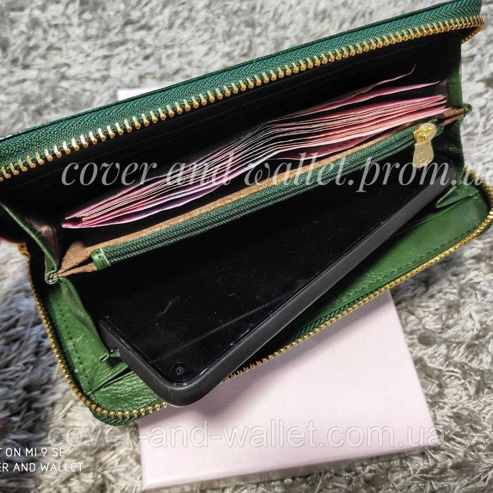 Большой женский кожаный лаковый кошелек на молнии зеленого цвета Marco Coverna Киев - изображение 3