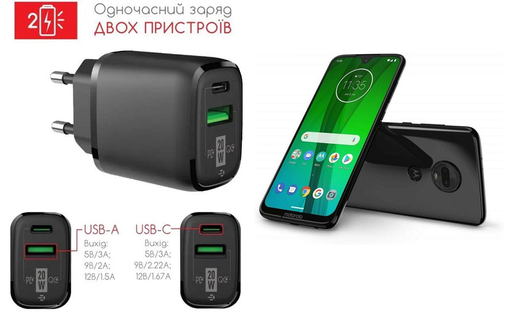 Сетевое зарядное устройство для Motorola Moto G7, Moto G7 Power, 20W 3A, Quick Charge 3.0 Киев - изображение 1
