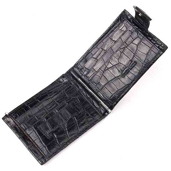 Чудовий чоловічий затиск із натуральної лакованої фактурної шкіри під крокодила KARYA 21043 Чорний Київ