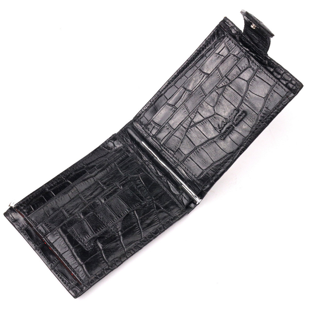 Чудовий чоловічий затиск із натуральної лакованої фактурної шкіри під крокодила KARYA 21043 Чорний Київ - фото 5