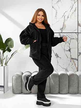 Жіночий теплий костюм-двійка: кофта та штани батал двосторонній фліс Полар Чорний, 58/60 Одеса