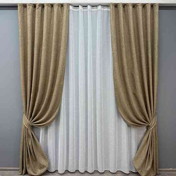 Комплект штор VR-Textil Лен Мешковина 150х270 2шт и Тюль 600х270 1768ш-115т Миндальный с белым 71-052/5 Киев