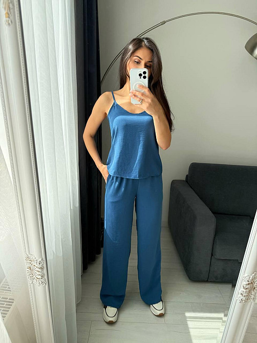 Женский базовый костюм тройка: рубашка майка и штаны креп жатка Джинс, 42/44 Одесса - изображение 3
