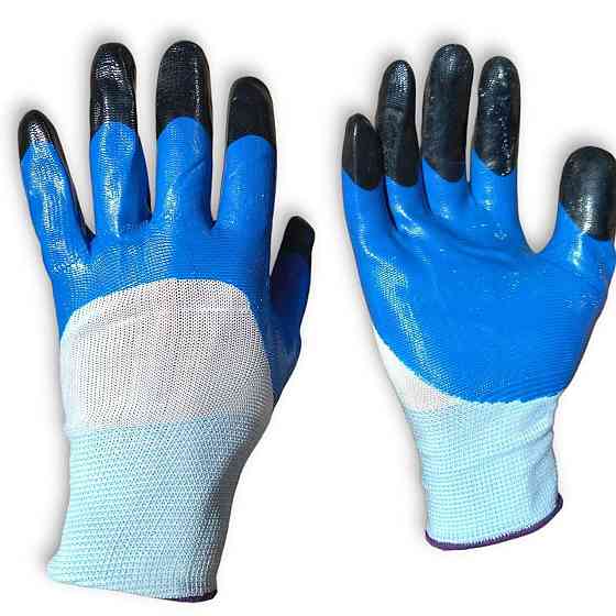 Робочі рукавички білі з синьо-чорним нітриловим покриттям для захисту рук під час будівельних і господарських робіт Харків