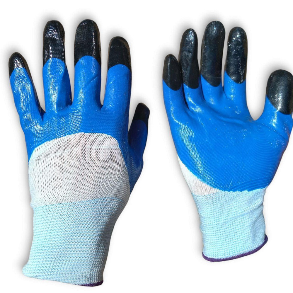 Робочі рукавички білі з синьо-чорним нітриловим покриттям для захисту рук під час будівельних і господарських робіт Харків - фото 2