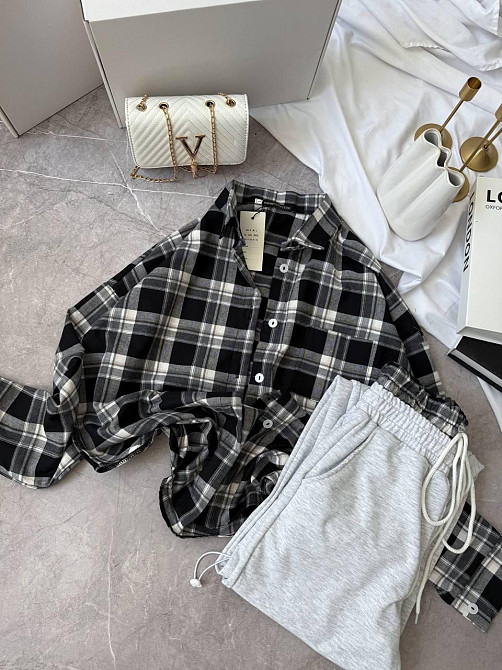 Женский повседневный костюм двойка: рубашка в клетку и штаны фланель + двунитка Черный, 42/46 Одесса - изображение 3