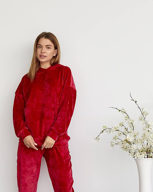 Женский велюровий костюм с капюшоном Вишневый S Харьков - изображение 4