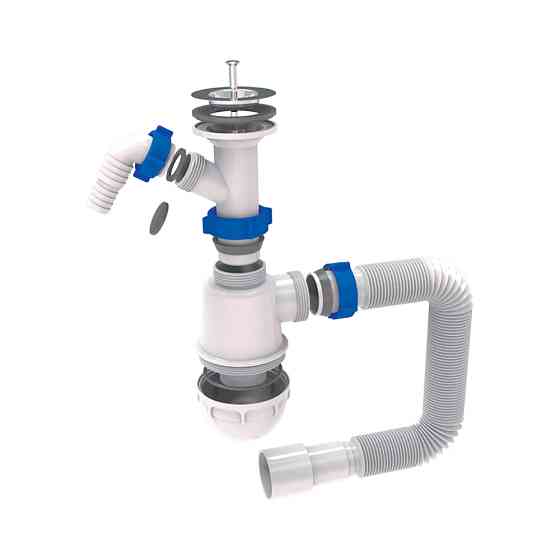 TAU Сифон для кухонной мойки с нержавеющим выпуском 1½" выводом под стир. машину и гибким отвод Киев