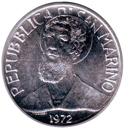 Святий. Монета 5 лір. 1972 рік, Сан-Марино.UNC Полтава - фото 1