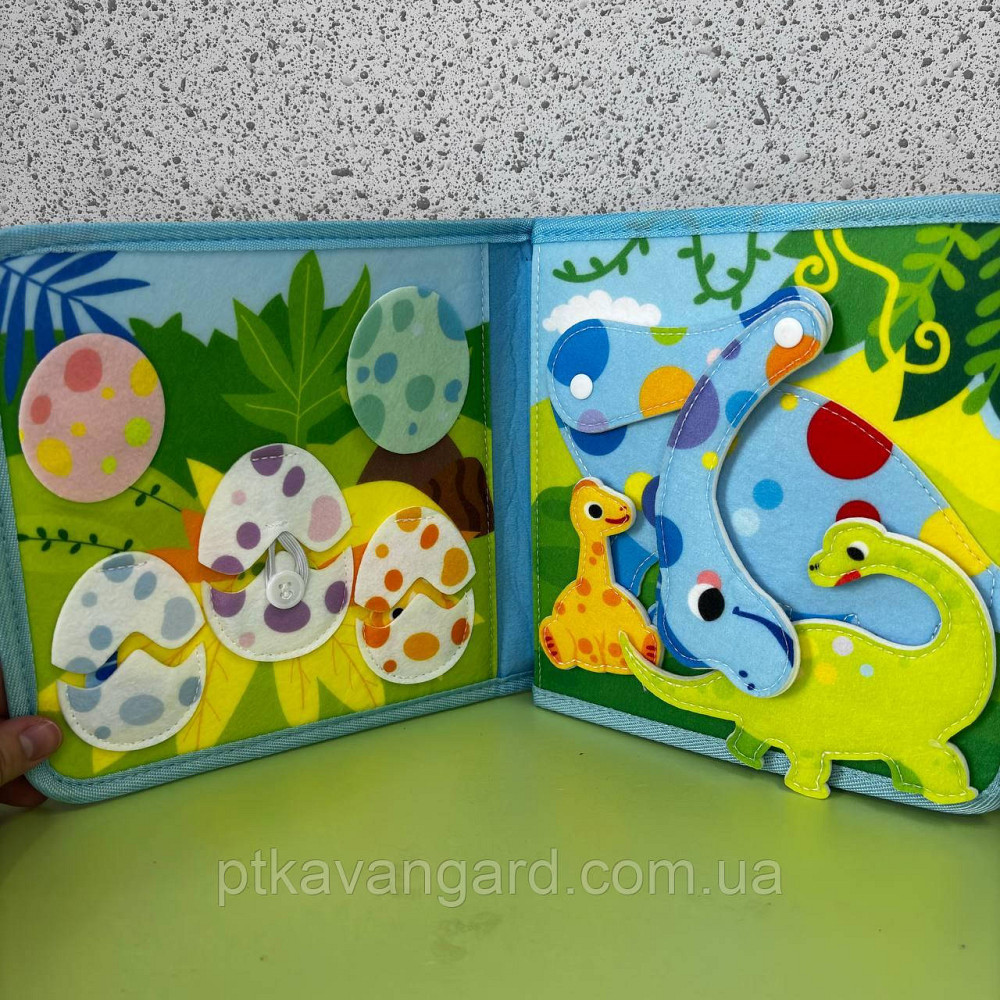 Книга-бізіборд фетрова м'яка розвиваюча "Динозаври" на липучках, пальчикові ігри 25009 Хмельницький - фото 7