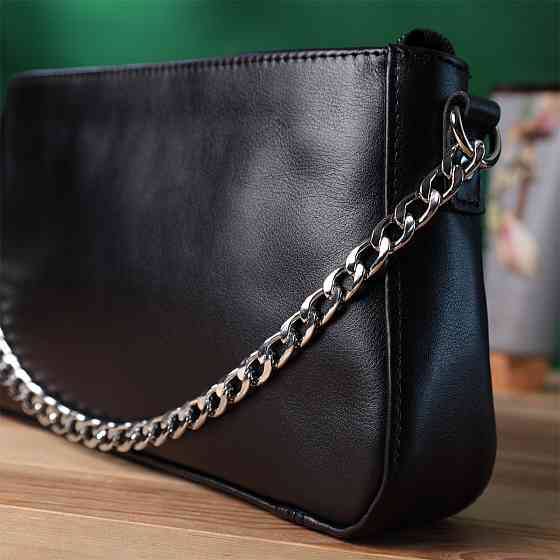 Жіноча сумка багет з ланцюжком і ремінцем, що знімається з гладкої натуральної шкіри Чорна (SHVIGEL) Київ