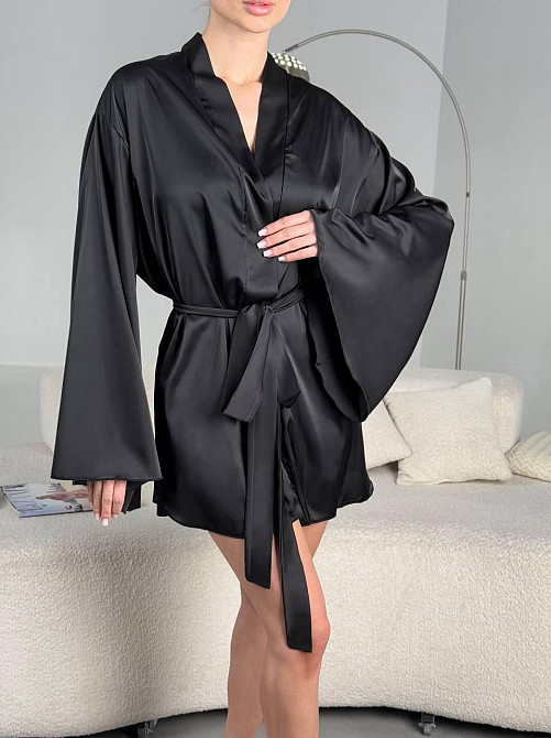 Женский короткий халат на запах с широким рукавом из шелка армани Черный, 48/50 Одесса - изображение 8