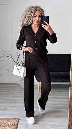 Женский стильный повседневный костюм двойка: кардиган на пуговицах + брюки трикотажный рубчик Шоколад, 52/54 Одесса