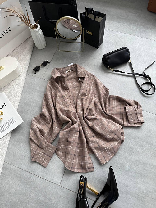 Женская трендовая оверсайз рубашка в клетку костюмный тиар Беж Одесса - изображение 8