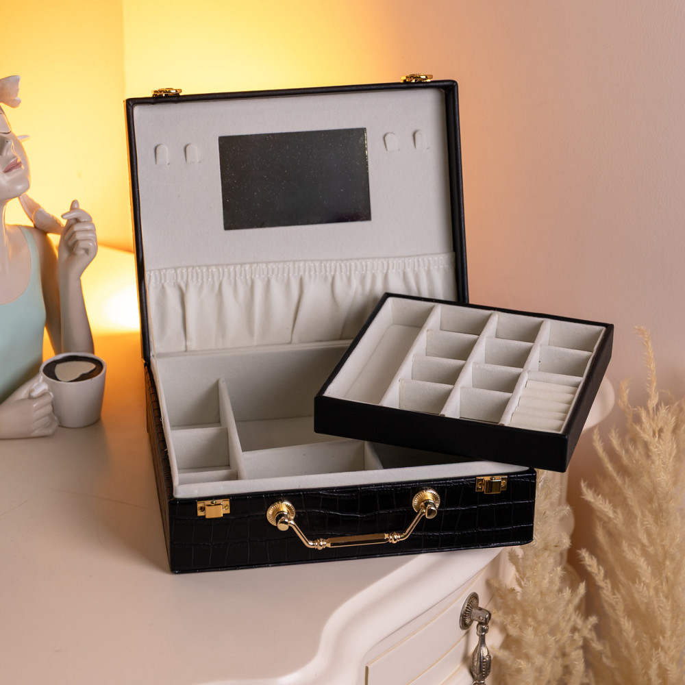 Скринька для прикрас з еко шкіри 19 відділень з дзеркалом 23.5×14×8 см Чорний HP-5-20B Коломия - фото 8