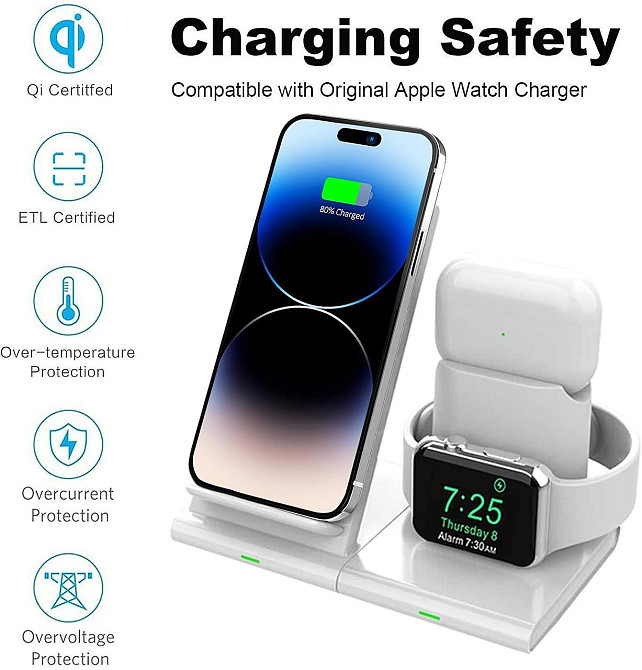 Беспроводная зарядка 3-в-1 для iPhone, Apple Watch и AirPods, быстрая Qi зарядная станция белая, док-станция Киев - изображение 3