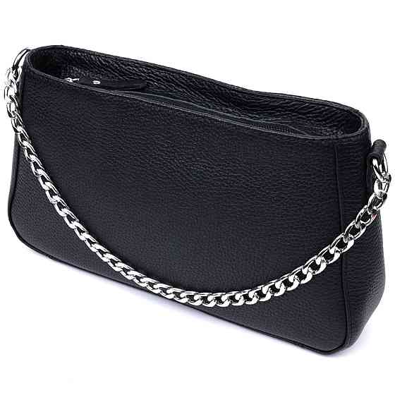 Жіноча сумка багет з ланцюжком і ремінцем що знімається з зернистої натуральної шкіри Чорна (SHVIGEL) Київ