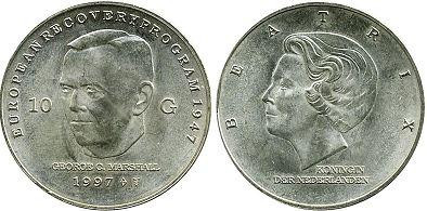 Монета Нідерланди 10 гульденів Срібло 1997р. 50-річчя Плану Маршалла Полтава - фото 1