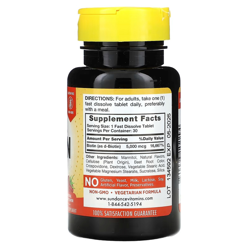 Биотин Sundance Vitamins Fast Dissolve Ultra Biotin, Natural Berry, 5,000 mcg, 30 Fast Dissolve Tablets Луцк - изображение 2