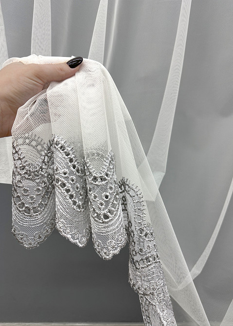 Тюль VR-Textil 1830т Грек-сетка с вышивкой и люрексом цвет Молочный с серым 300х270 см (42-0816) Киев - изображение 5