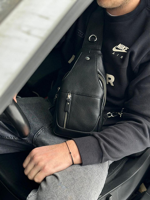 Кожаный черный мужской слинг 18х32х7, сумка рюкзак на одно плечо TIDING BAG A25F-617-1A черная Киев - изображение 9