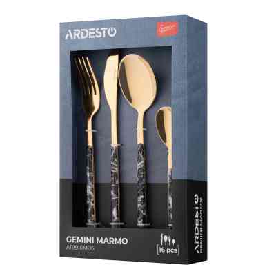 Набор столовых приборов Ardesto Gemini Marmo, 16 приборів, нержавіюча сталь, пластик, золотисто-чорний (AR1916MBS) Винница