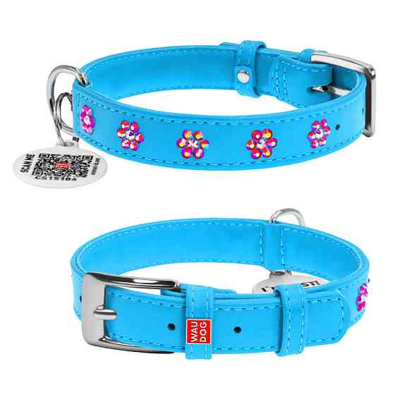 Ошейник для собак кожаный WAUDOG Glamour с QR паспортом, с клеевыми стразами 