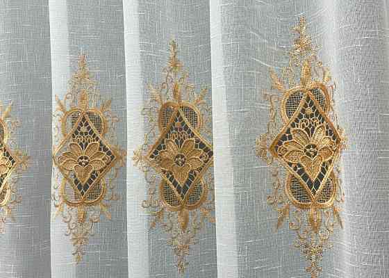 Тюль VR-Textil 1803т Лен с кружевом Белый с золотистым 300х250 см (42-1309) Киев