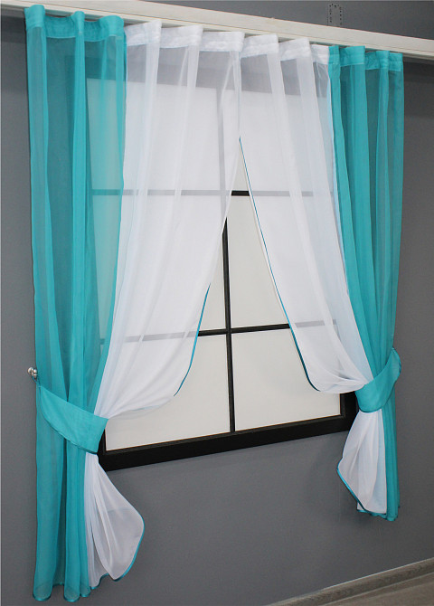 Кухонные шторы VR-Textil № 017к комбинированные с подвязками лазурный с белым 265х170 см (52-0676) Киев - изображение 2