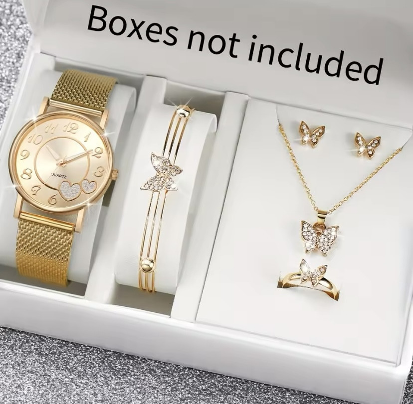 Подарунковий набір для жінок Метелик наручний годинник з браслетом кільцем намистом та сережками без подарункової коробки золотий Київ - фото 1