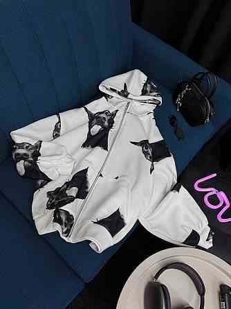 Жіноче тепле оверсайз худі на блискавці з доберманами трьохнитка на флісі Одеса