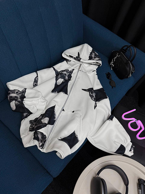 Жіноче тепле оверсайз худі на блискавці з доберманами трьохнитка на флісі Одеса - фото 3